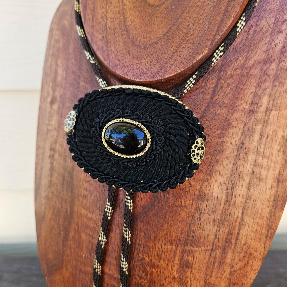 Charles Jourdan Vintage Bolo Tie West Germany Black Soutache Onyx Gold Tone